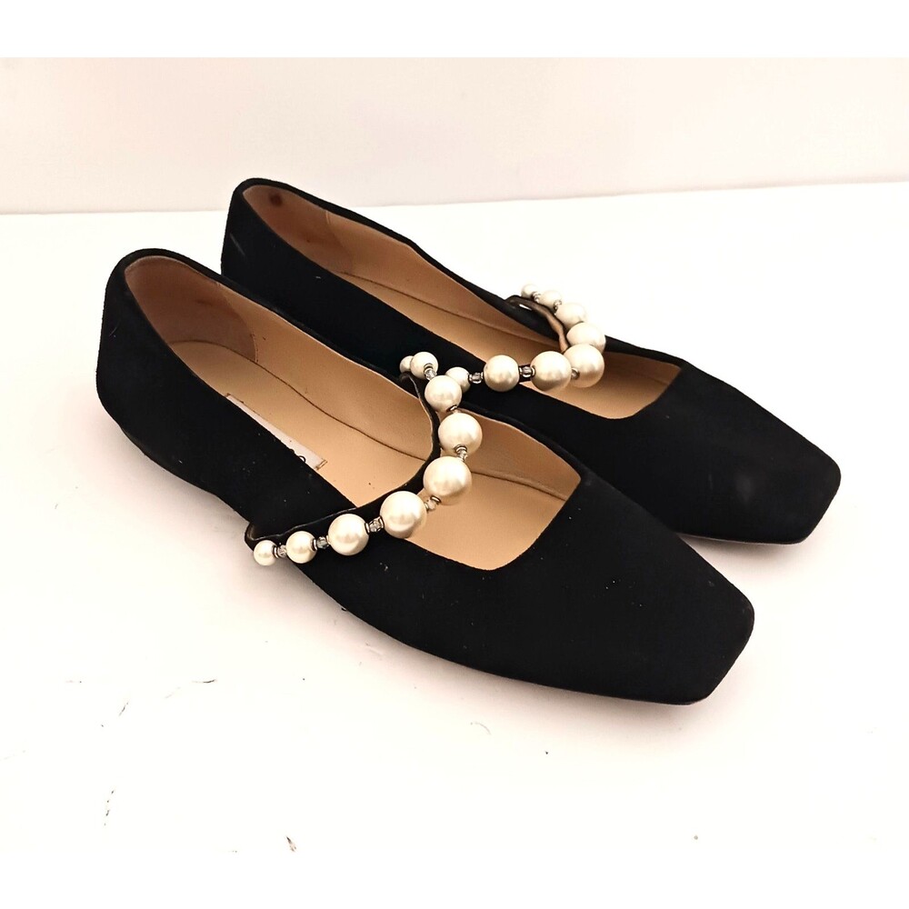 Jimmy Choo Ade Blk Suede Ballerina Flat Pearl Arch Strap Made Italy 38.5/US 8.5